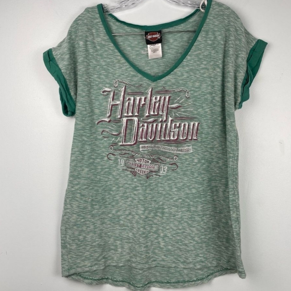 BOGO EUC HARLEY-DAVIDSON Wicked Rumble Ashville NC Striped V-Neck Hi-Lo Teeshirt